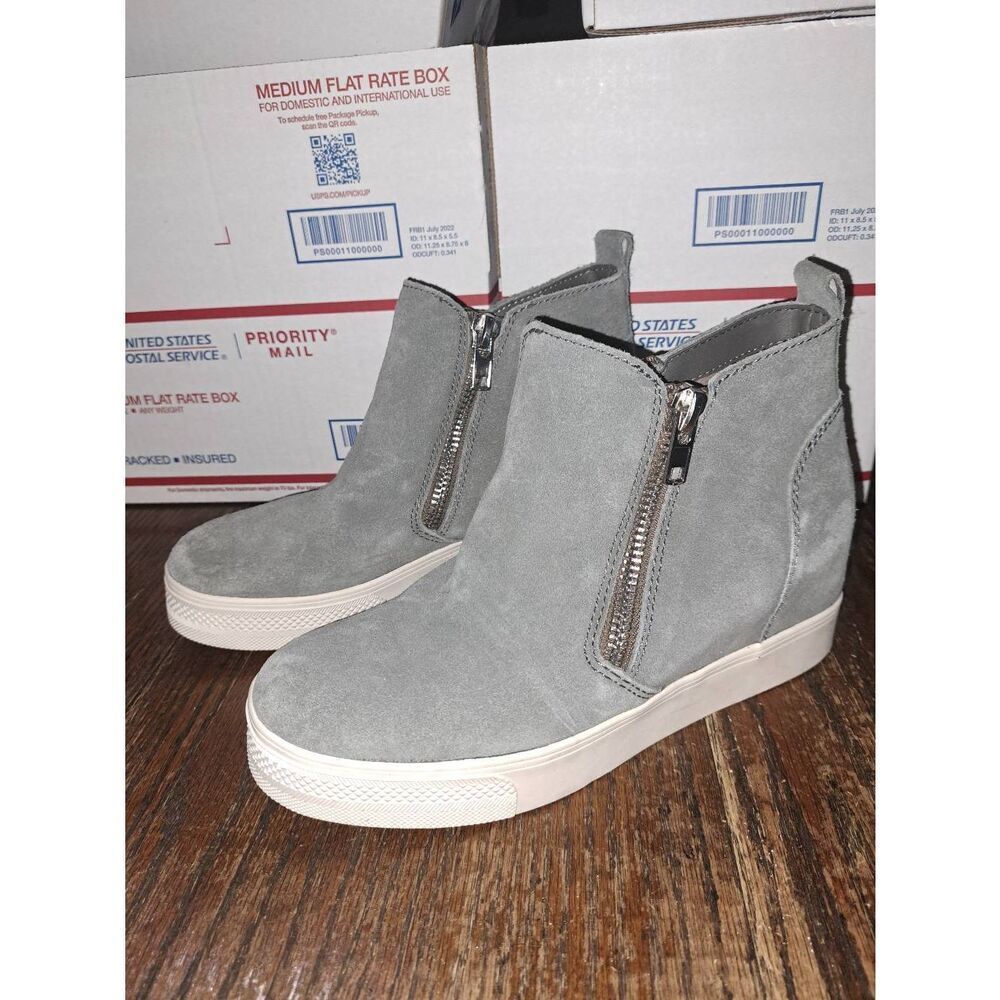 9M Steve Madden Grey Wedgie Dual Zip Sneaker Leather Shoes Booties Ankle